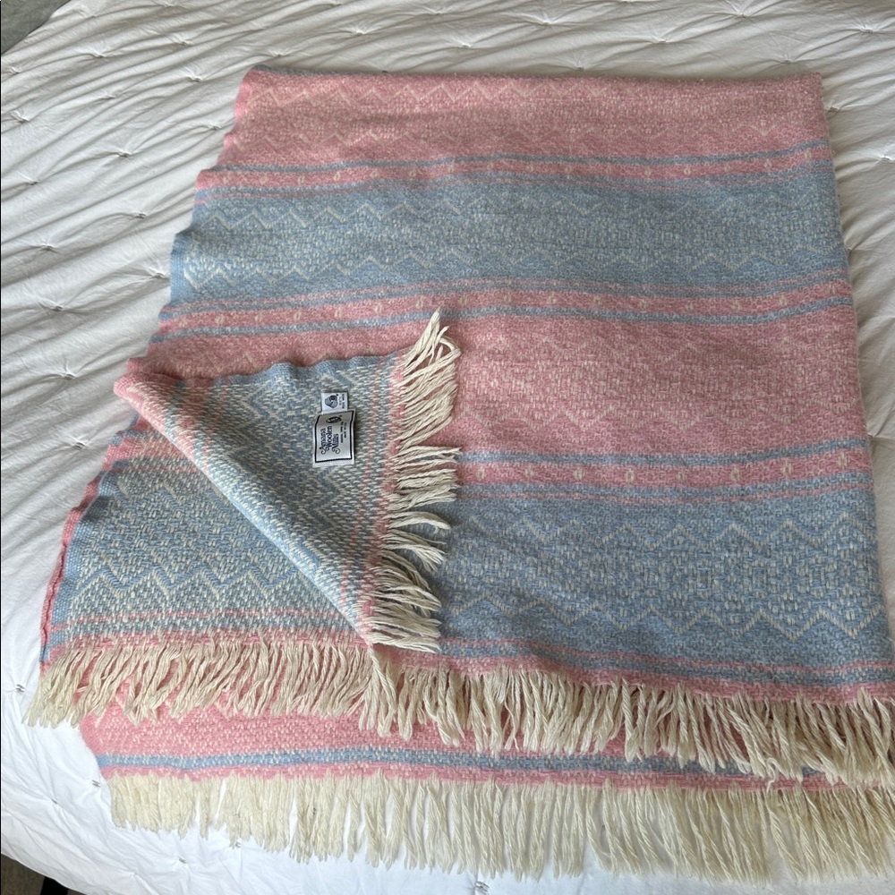 100% Wool Pink and Blue Fringed Blanket